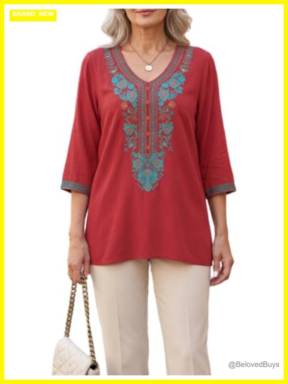 Women's Embroidered Tunic Top 3/4 Sleeve V Neck Mexican Peasant Blouse
